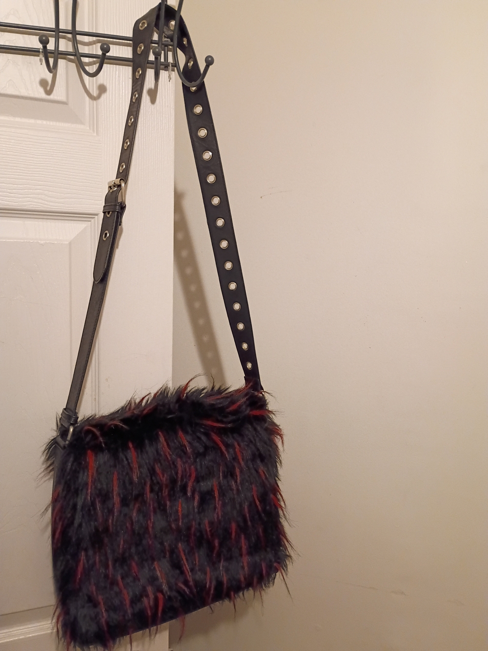 Dolls Kill- Faux Fur Black Crossbody Bag with Red Accents